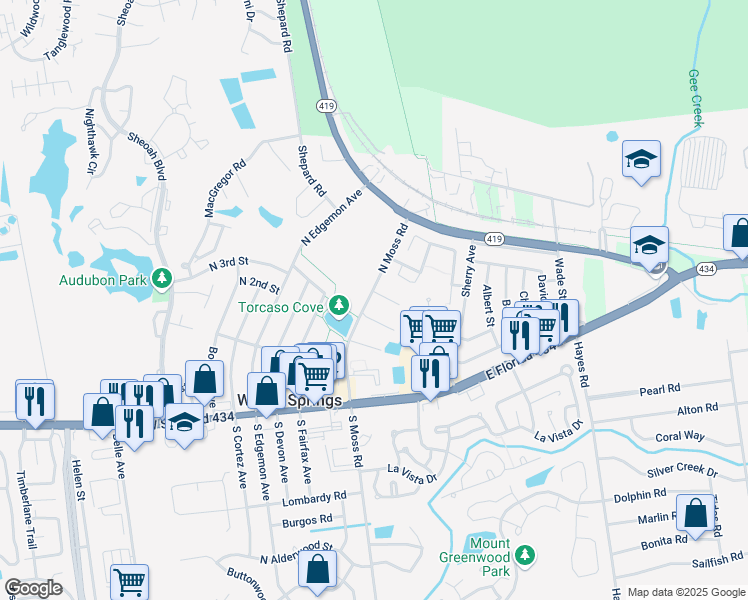 map of restaurants, bars, coffee shops, grocery stores, and more near 105 Cory Lane in Winter Springs