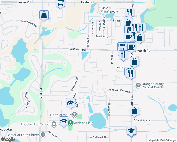 map of restaurants, bars, coffee shops, grocery stores, and more near 1348 Falconcrest Boulevard in Apopka