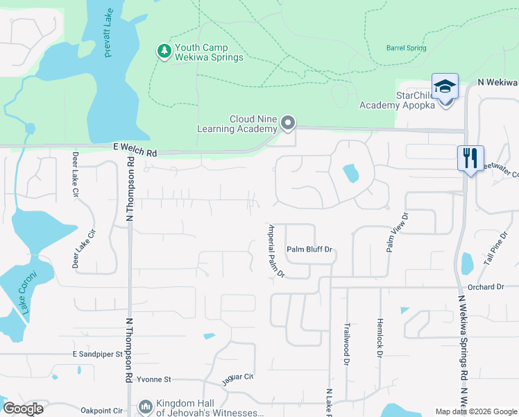 map of restaurants, bars, coffee shops, grocery stores, and more near 1301 Barnwood Place in Apopka