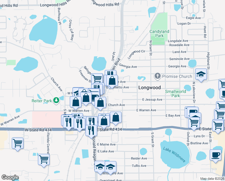 map of restaurants, bars, coffee shops, grocery stores, and more near 240 East Palmetto Avenue in Longwood