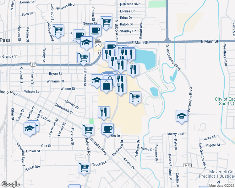 map of restaurants, bars, coffee shops, grocery stores, and more near 414 South Bibb Avenue in Eagle Pass