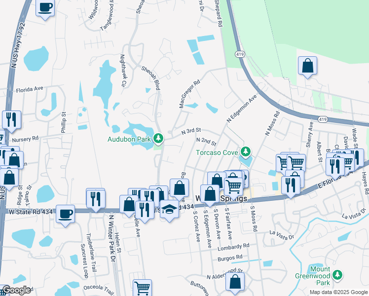 map of restaurants, bars, coffee shops, grocery stores, and more near 203 Perth Court in Winter Springs