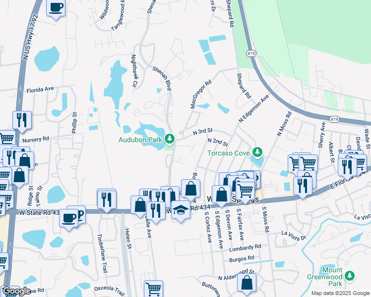 map of restaurants, bars, coffee shops, grocery stores, and more near 203 Perth Court in Winter Springs