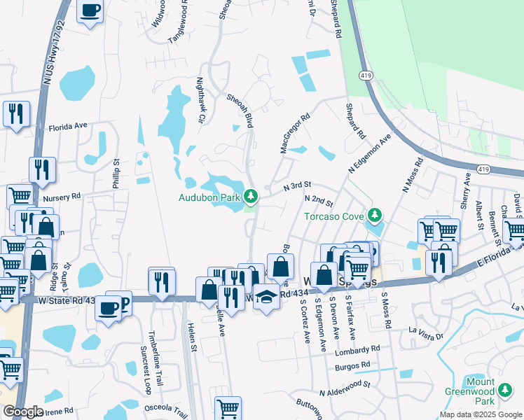 map of restaurants, bars, coffee shops, grocery stores, and more near 244 Highlands Glen Circle in Winter Springs