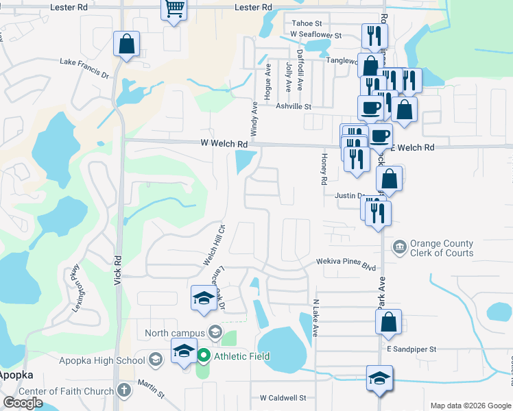 map of restaurants, bars, coffee shops, grocery stores, and more near 1348 Falconcrest Boulevard in Apopka
