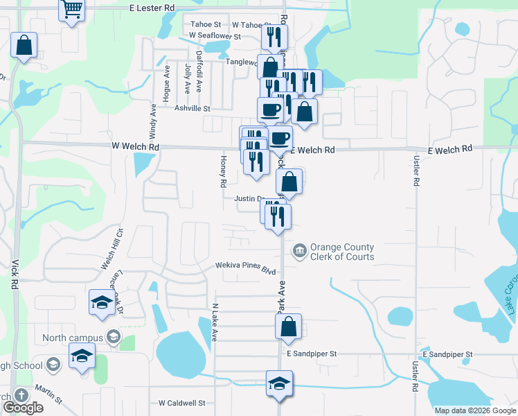 map of restaurants, bars, coffee shops, grocery stores, and more near 74 Jett Loop in Apopka