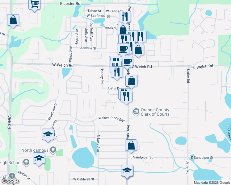 map of restaurants, bars, coffee shops, grocery stores, and more near 42 Jett Loop in Apopka