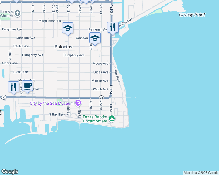 map of restaurants, bars, coffee shops, grocery stores, and more near 113-403 State Highway 35 Business in Palacios