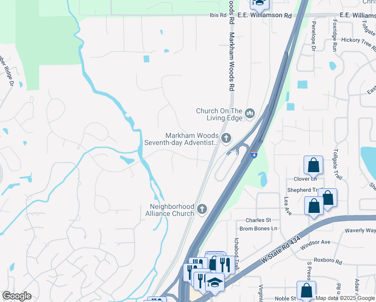 map of restaurants, bars, coffee shops, grocery stores, and more near 2020 Springs Landing Boulevard in Longwood