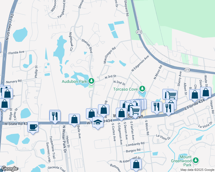 map of restaurants, bars, coffee shops, grocery stores, and more near 151 Bombay Avenue in Winter Springs