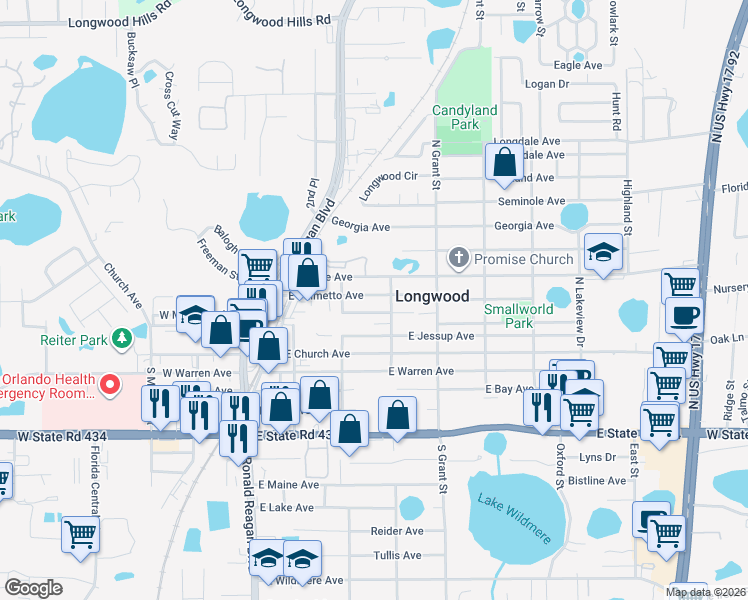 map of restaurants, bars, coffee shops, grocery stores, and more near 342 North Oak Street in Longwood