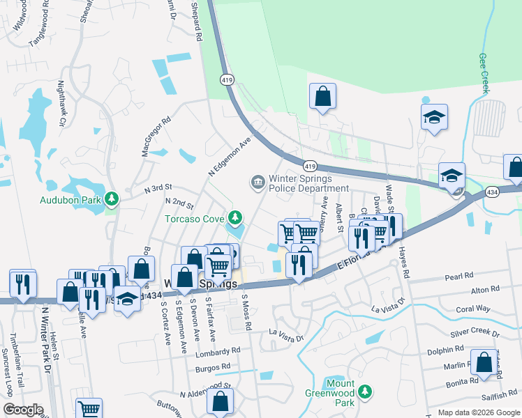 map of restaurants, bars, coffee shops, grocery stores, and more near 101 Cory Lane in Winter Springs