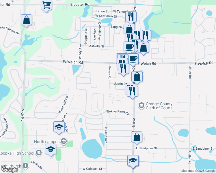 map of restaurants, bars, coffee shops, grocery stores, and more near 1210 Honey Road in Apopka