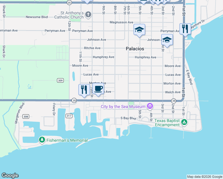 map of restaurants, bars, coffee shops, grocery stores, and more near 803 Welch Avenue in Palacios