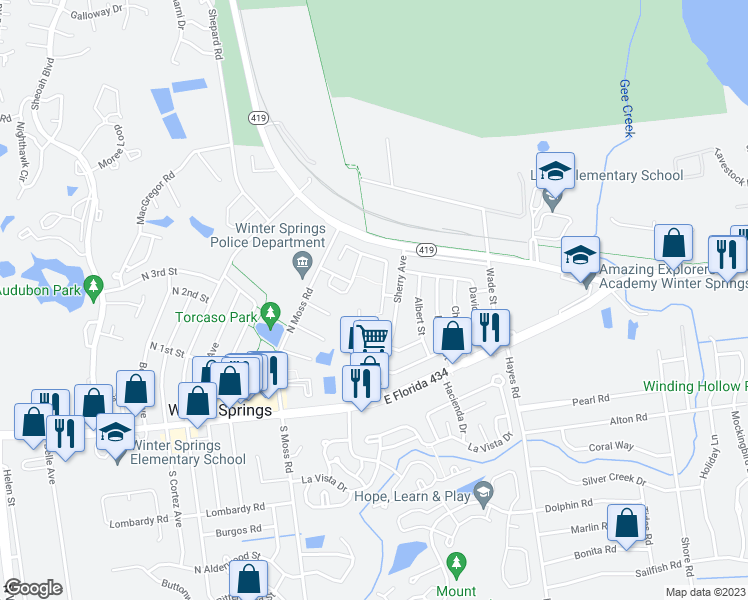 map of restaurants, bars, coffee shops, grocery stores, and more near 323 San Gabriel Street in Winter Springs