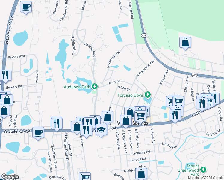 map of restaurants, bars, coffee shops, grocery stores, and more near 151 Bombay Avenue in Winter Springs