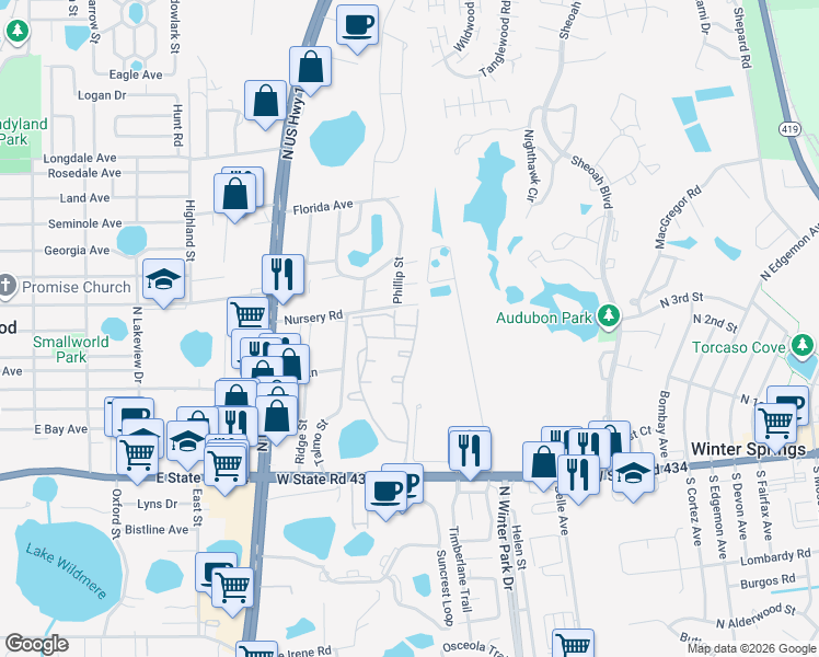 map of restaurants, bars, coffee shops, grocery stores, and more near 11 Photina Court in Winter Springs