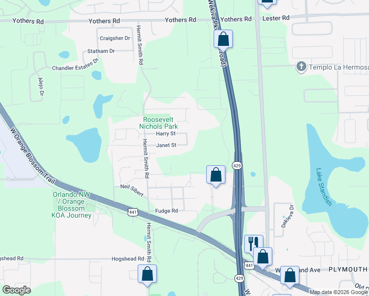 map of restaurants, bars, coffee shops, grocery stores, and more near 3278 Janet Street in Apopka