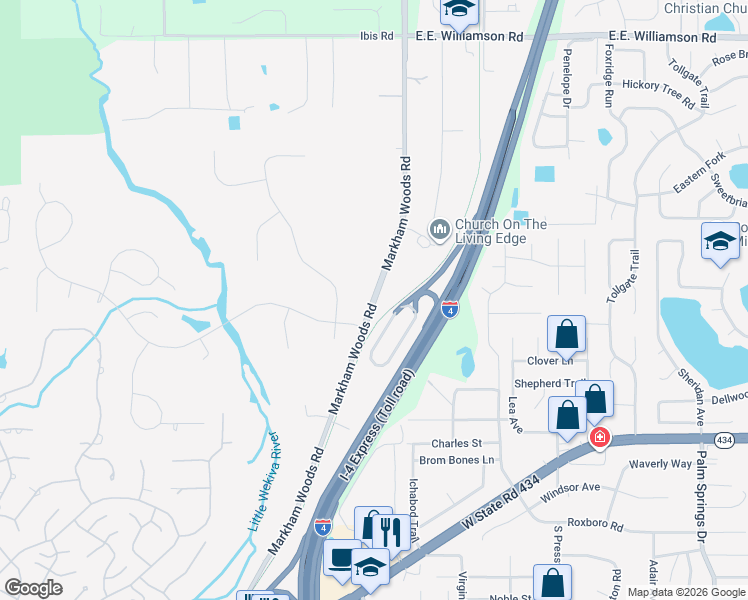 map of restaurants, bars, coffee shops, grocery stores, and more near 505 Markham Woods Road in Longwood