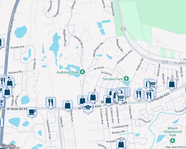 map of restaurants, bars, coffee shops, grocery stores, and more near 209 Perth Court in Winter Springs