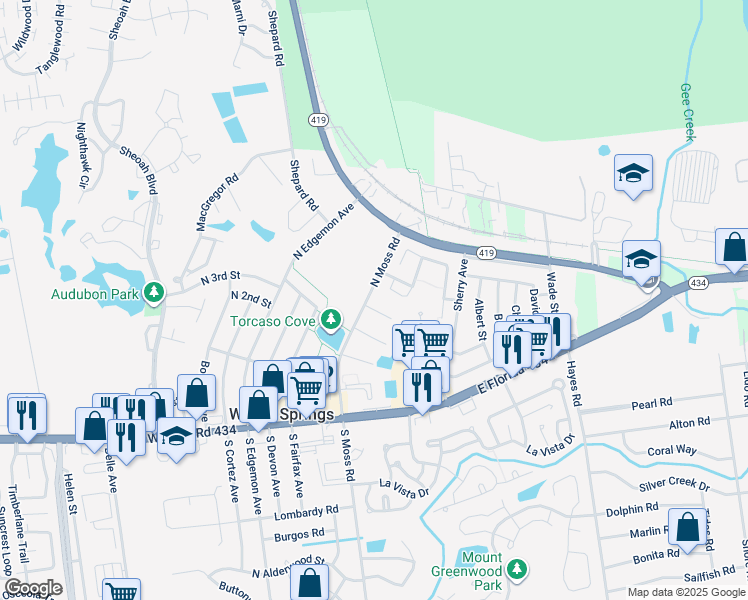map of restaurants, bars, coffee shops, grocery stores, and more near 100 Cory Lane in Winter Springs