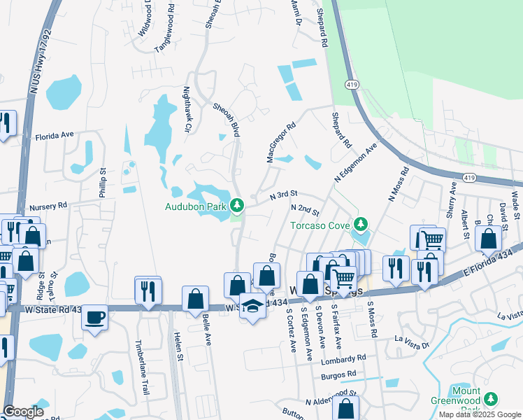 map of restaurants, bars, coffee shops, grocery stores, and more near 203 Perth Court in Winter Springs