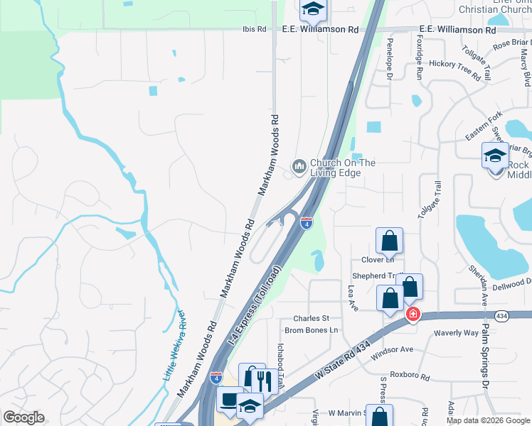 map of restaurants, bars, coffee shops, grocery stores, and more near 505 Markham Woods Road in Longwood