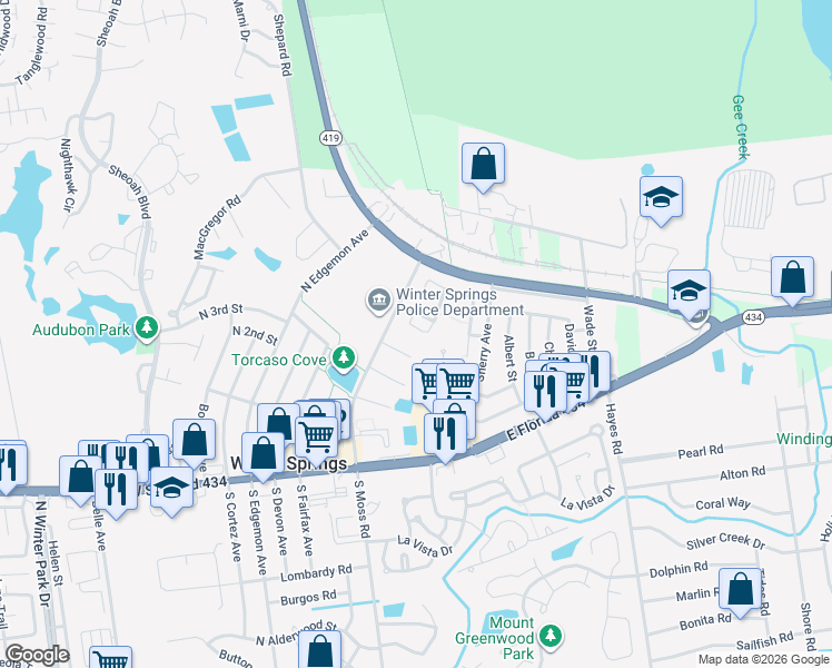 map of restaurants, bars, coffee shops, grocery stores, and more near 148 Cory Lane in Winter Springs