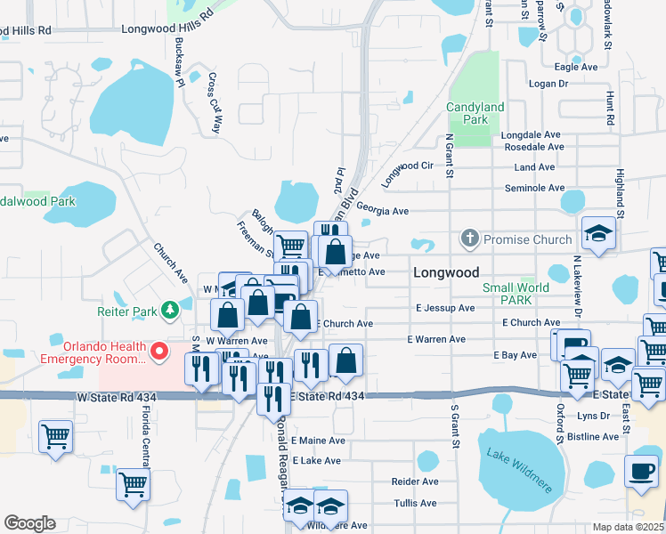map of restaurants, bars, coffee shops, grocery stores, and more near 245 Orange Avenue in Longwood
