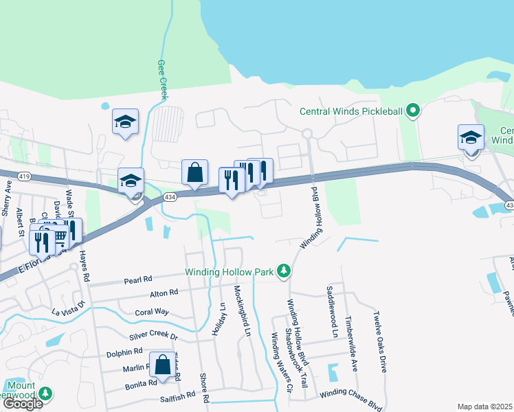 map of restaurants, bars, coffee shops, grocery stores, and more near 102 Stone Gable Circle in Winter Springs