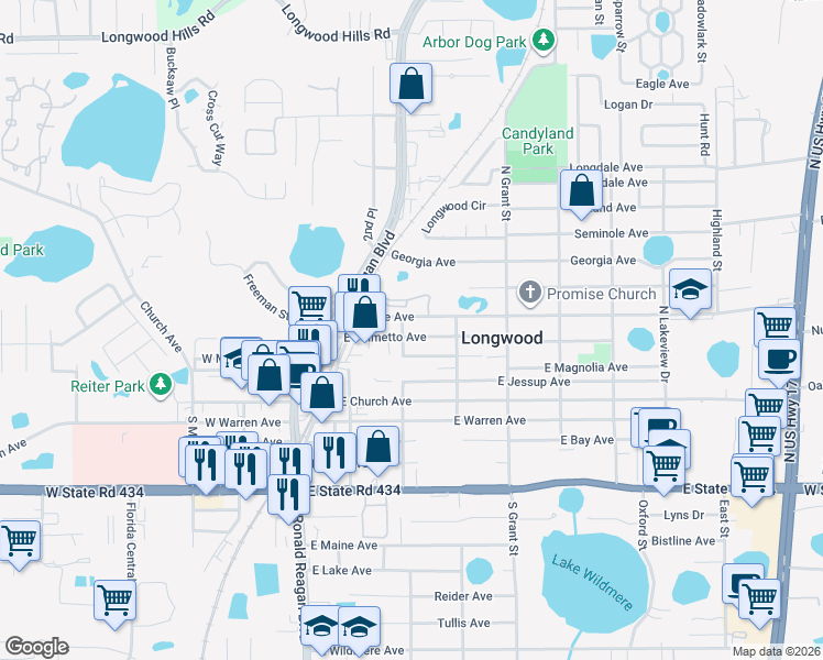 map of restaurants, bars, coffee shops, grocery stores, and more near 305 East Palmetto Avenue in Longwood