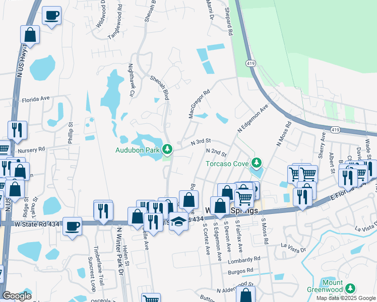 map of restaurants, bars, coffee shops, grocery stores, and more near 307 Kirkcaldy Drive in Winter Springs