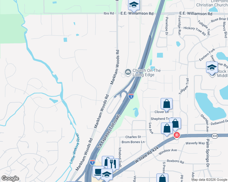 map of restaurants, bars, coffee shops, grocery stores, and more near 505 Markham Woods Road in Longwood