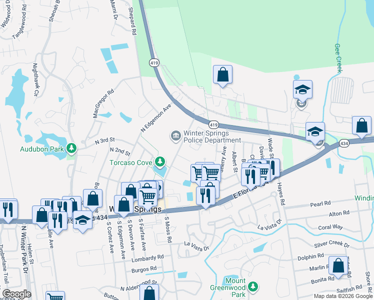 map of restaurants, bars, coffee shops, grocery stores, and more near 116 Deer Song Drive in Winter Springs