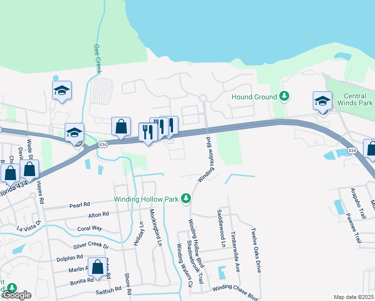 map of restaurants, bars, coffee shops, grocery stores, and more near 145 Tennis Court in Winter Springs