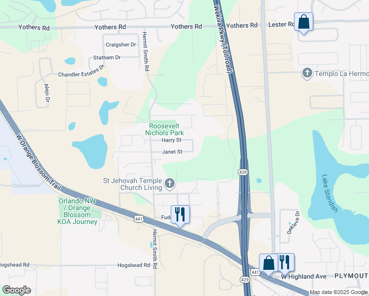 map of restaurants, bars, coffee shops, grocery stores, and more near 3276 Harry Street in Apopka