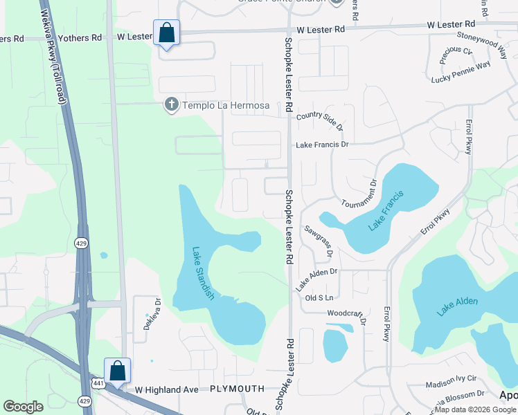 map of restaurants, bars, coffee shops, grocery stores, and more near 2400 Schopke Road in Apopka