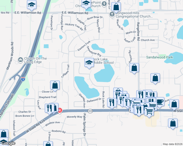 map of restaurants, bars, coffee shops, grocery stores, and more near 240 Slade Drive in Longwood