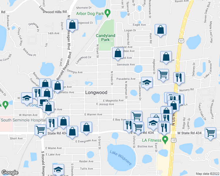 map of restaurants, bars, coffee shops, grocery stores, and more near 592 Orange Avenue in Longwood