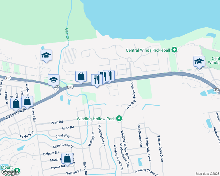 map of restaurants, bars, coffee shops, grocery stores, and more near 164 Stone Gable Circle in Winter Springs