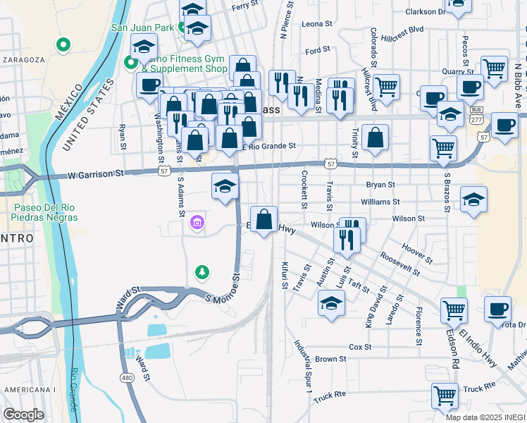 map of restaurants, bars, coffee shops, grocery stores, and more near 714 Williams Street in Eagle Pass