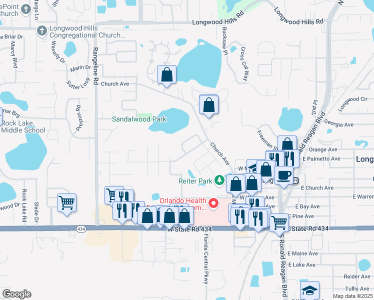 map of restaurants, bars, coffee shops, grocery stores, and more near 405 Parson Brown Way in Longwood