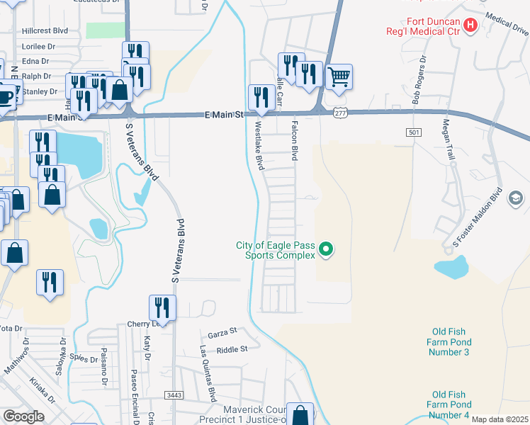 map of restaurants, bars, coffee shops, grocery stores, and more near 293 Westlake Boulevard in Eagle Pass