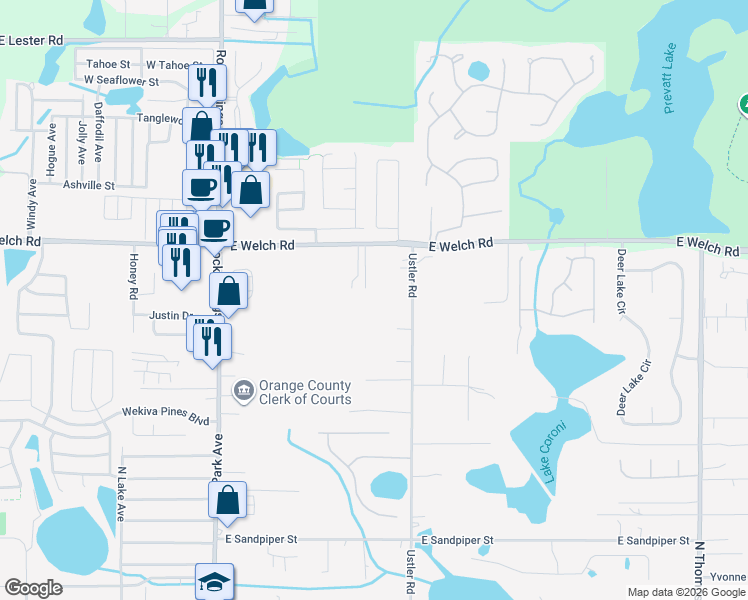 map of restaurants, bars, coffee shops, grocery stores, and more near 400 East Welch Road in Apopka