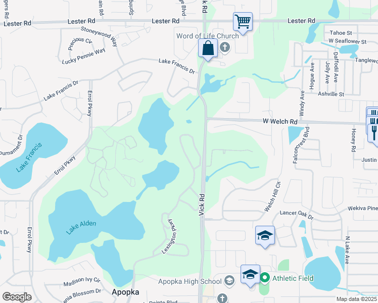 map of restaurants, bars, coffee shops, grocery stores, and more near 1265 Lexington Parkway in Apopka