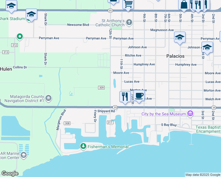 map of restaurants, bars, coffee shops, grocery stores, and more near 12th Street in Palacios