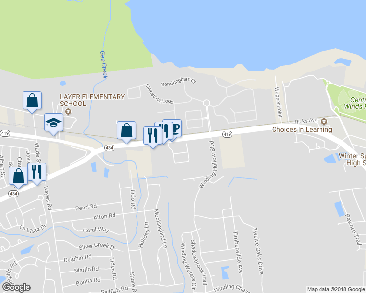 map of restaurants, bars, coffee shops, grocery stores, and more near 145 Tennis Court in Winter Springs