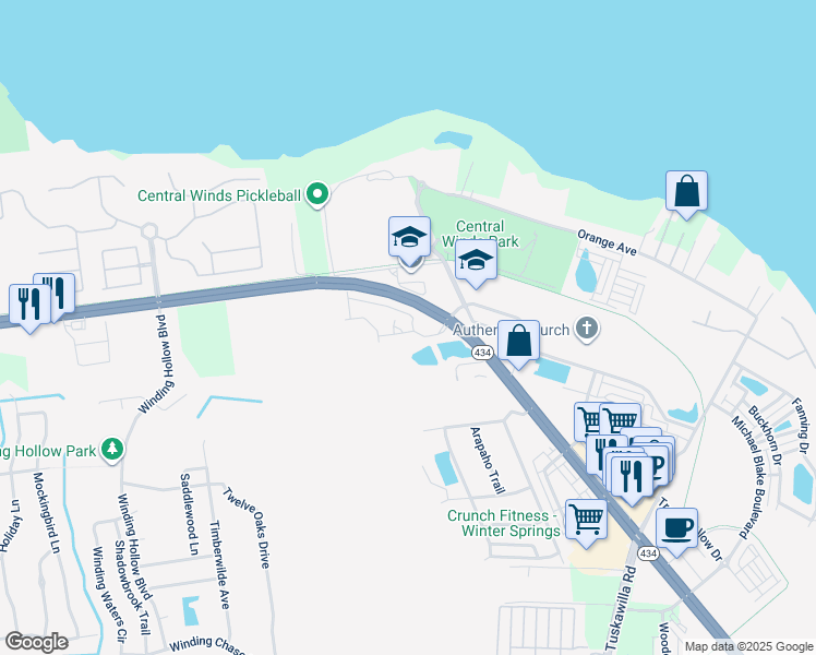 map of restaurants, bars, coffee shops, grocery stores, and more near 106 Heritage Park Street in Winter Springs