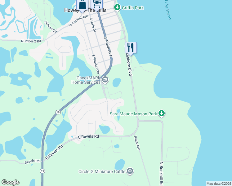 map of restaurants, bars, coffee shops, grocery stores, and more near 201 Messina Place in Howey-in-the-Hills