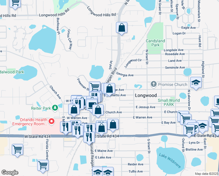map of restaurants, bars, coffee shops, grocery stores, and more near 245 Orange Avenue in Longwood
